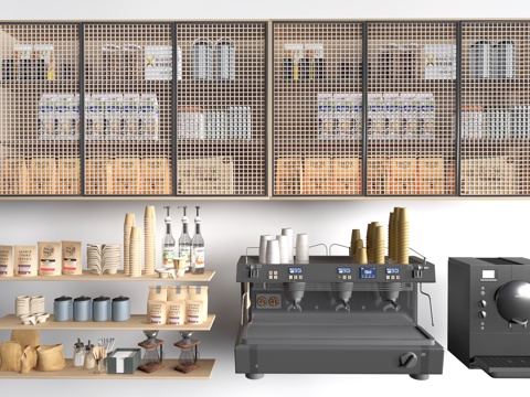  现代咖啡展架 咖啡用品 咖啡豆 咖啡机su模型 