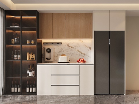 现代酒柜 冰箱酒柜 冰箱柜 玻璃门酒柜su模型