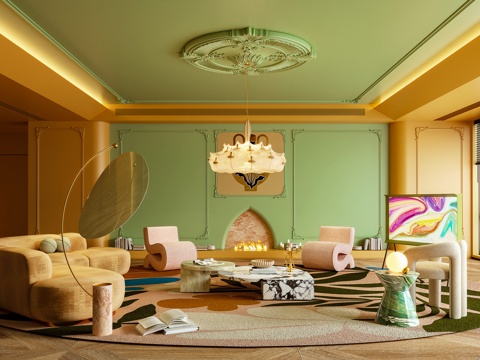  客厅 沙发 休闲椅 凳子 落地灯 边几 多巴胺 法式3d模型 