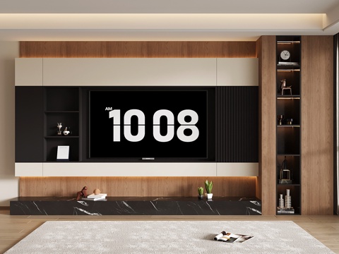 意式电视背景墙 电视背景柜 定制满墙电视柜 电视柜收纳储物柜su模型