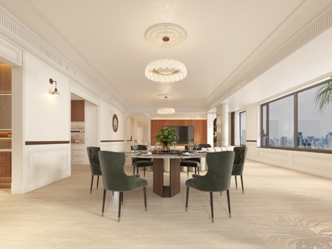  法式客餐厅 异形沙发 圆形餐桌 法式吊灯 大平层客餐厅3d模型 