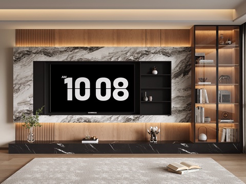 意式电视背景墙 现代大理石背景墙 大理石电视柜 储物收纳电视su模型