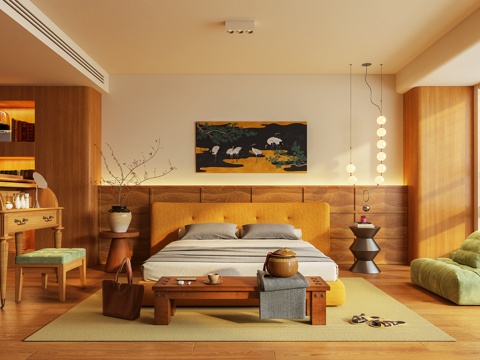  卧室 主卧 双人床 休闲椅 床尾凳 梳妆台 摆件3d模型 