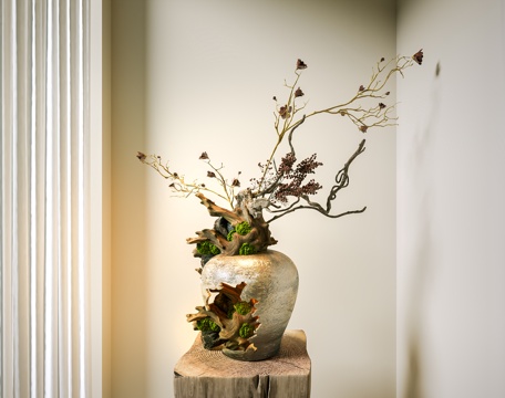 新中式花瓶 中古花艺盆景 陶罐花瓶 干枝花艺 枯木绿洲 装饰su模型