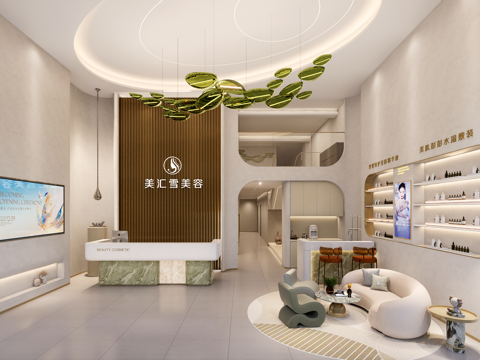 现代奶油风美容院前厅  休息区  大堂su模型