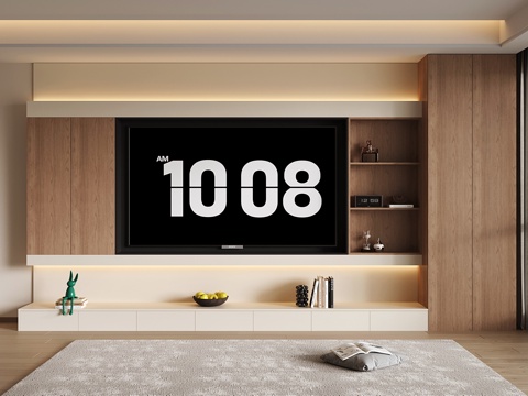 现代电视背景柜 中古电视背景墙 收纳储物电视柜一体 开放格su模型su模型