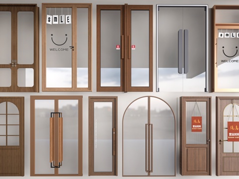 现代商铺玻璃门 玻璃双开门 商业街玻璃门 奶茶店玻璃门 咖啡su模型