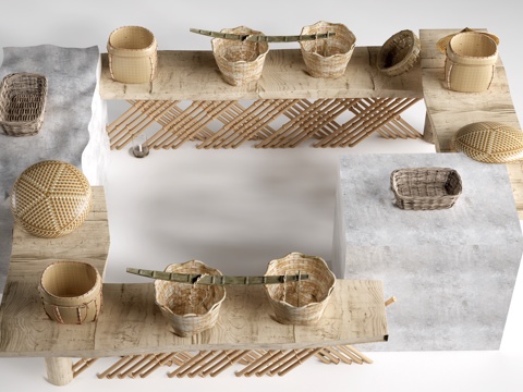  现代农具展台 农耕文化展台 农具小品su模型 