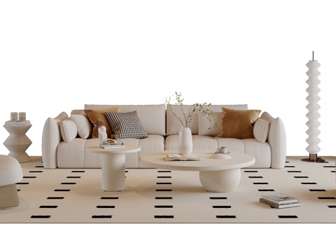 奶油风沙发茶几组合 多人沙发 布艺沙发 休闲椅 地毯su模型