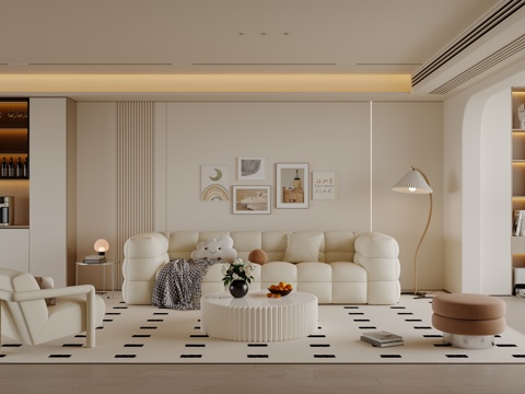 现代奶油风客厅 沙发茶几 多人沙发 挂画 地毯su模型