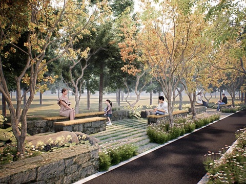  新中式现代乡村公园 自然式 条石铺地su模型 