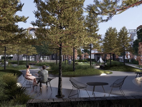  现代小区景观 康养林下 中庭廊架 林下景观su模型 