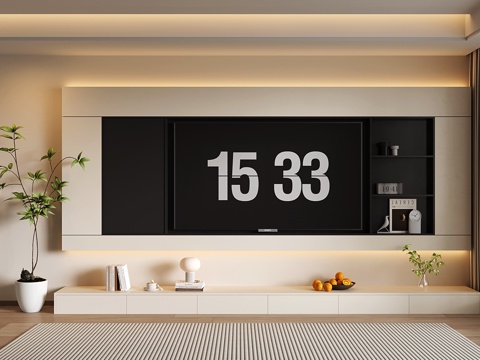 奶油风电视背景墙 现代开放格电视背景墙 落地电视柜su模型