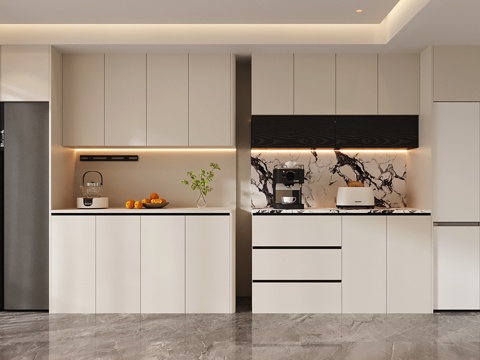 奶油风酒柜 现代冰箱酒柜 冰箱柜 餐边柜su模型