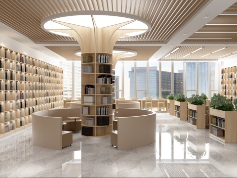  原木风书吧 阅览室 图书馆 资料室 休闲阅读区 书店3d模型 