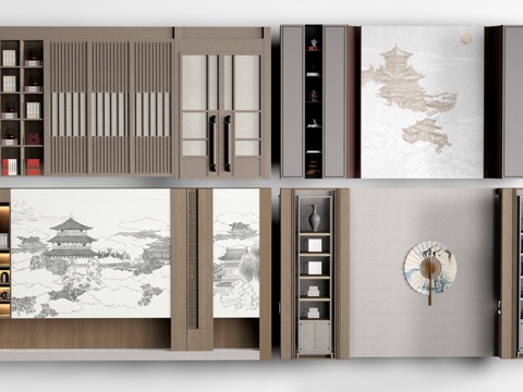  新中式餐厅背景墙 包厢背景墙 客厅背景墙su模型 