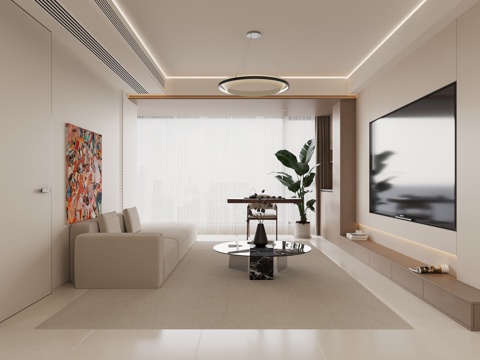  奶油风简约轻奢客餐厅3d模型 