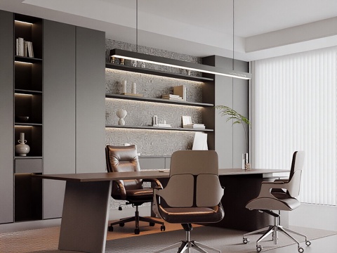  现代意式经理办公室 意式办公桌椅 老板椅 办公椅 意式书柜3d模型 