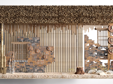  现代乡村景墙 乡村文化墙 民俗文化墙 乡村院墙su模型 