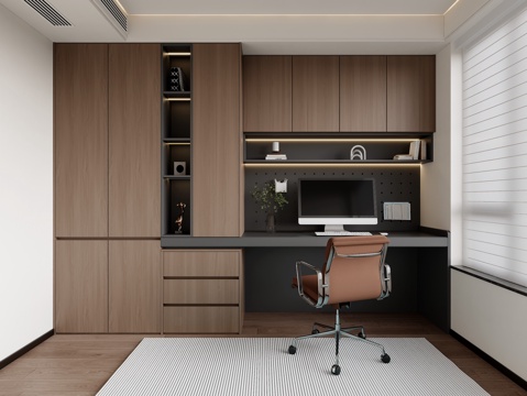  现代意式书房  书房书柜书桌 电脑桌 书柜电脑桌一体 书柜su模型 