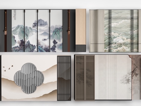 新中式餐厅背景墙 包厢背景墙 客厅背景墙su模型