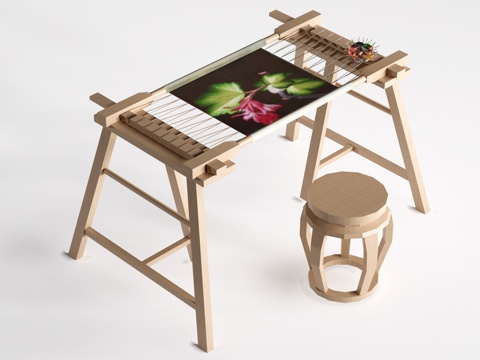  现代刺绣工作台 刺绣工艺品 刺绣展台su模型 