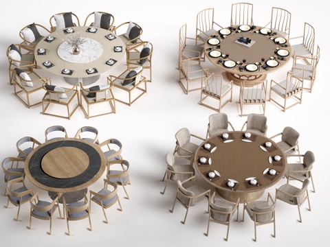  现代圆形餐桌椅 包厢桌椅 包间餐桌su模型 