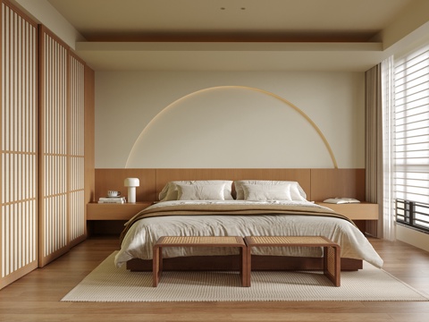  现代卧室 双人床 床尾凳su模型 