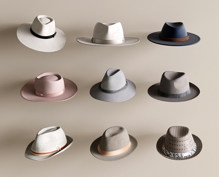  现代帽子组合 大檐帽 遮阳帽 爵士帽 男士礼帽su模型 