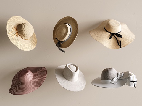  现代帽子组合 蝴蝶结大帽 沙滩草帽 遮阳渔夫帽 女士大檐帽su模型 