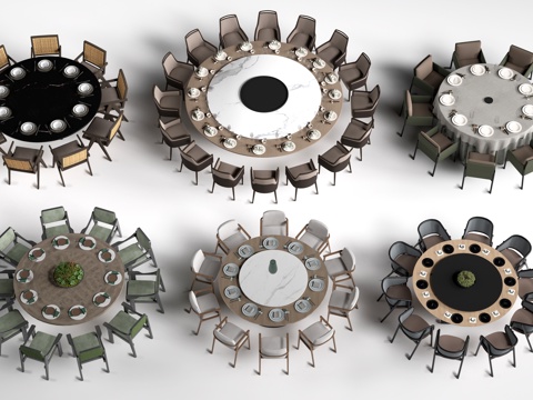  现代圆形餐桌椅 包厢桌椅 包间餐桌su模型 