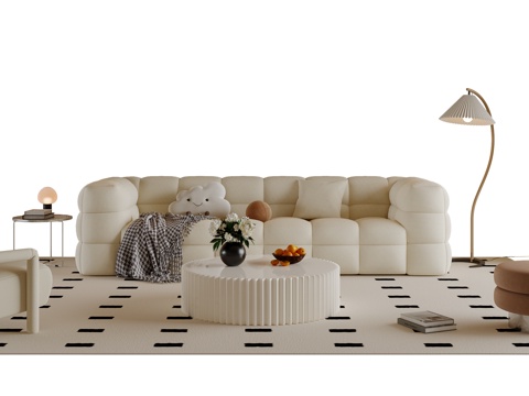  奶油风沙发茶几组合 多人沙发 布艺沙发 休闲椅 地毯3d模型 