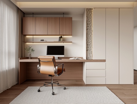  现代书房 书房书桌书柜 客厅书桌书柜 书桌书柜一体su模型 