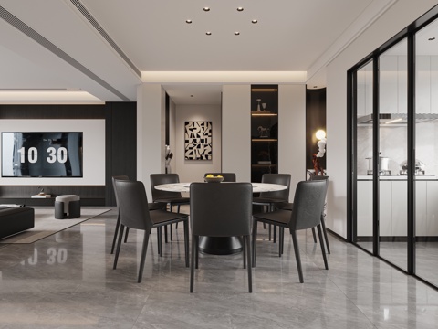  现代黑白灰客餐厅沙发餐桌厨房3d模型 