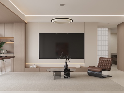  奶油风简约客餐厅3d模型 