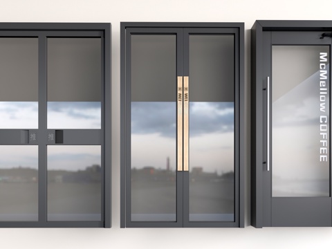  现代商铺玻璃门 玻璃双开门 商业街玻璃门 奶茶店玻璃门 咖啡su模型 