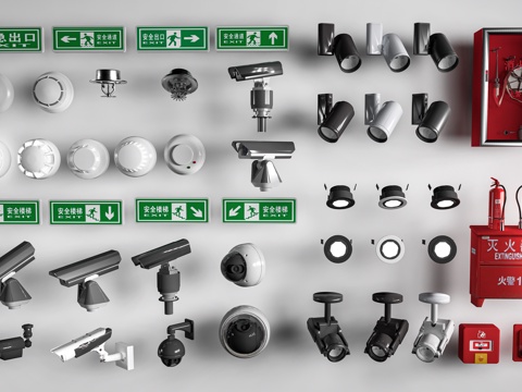  现代消防器材 应急照明灯 监控 消防栓su模型 