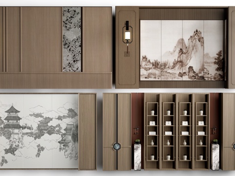  新中式餐厅背景墙 包厢背景墙 客厅背景墙su模型 