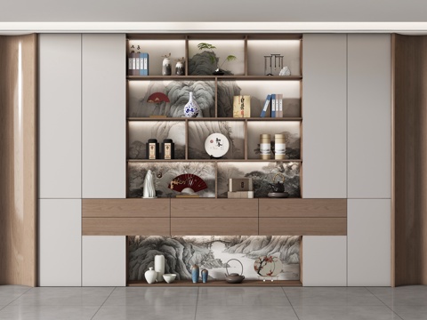  新中式茶馆 储物柜书柜 背景柜 书籍摆件组合 装饰柜3d模型 