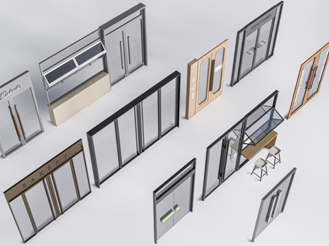  现代店铺玻璃门 咖啡厅门 奶茶店玻璃门 玻璃双开门su模型 