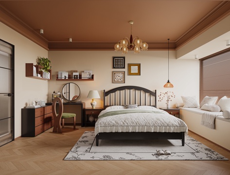  中古风卧室 主灯卧室 主卧室 实木双人床 床头柜 实木梳妆台su模型 