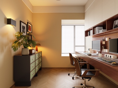  中古风书房 中古风斗柜 玄关柜  吸顶灯 电脑桌椅组合 台灯su模型 