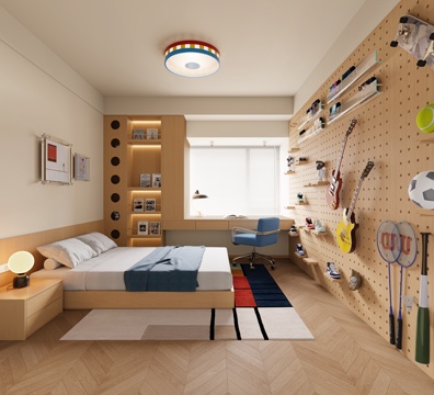  现代男孩儿童房 现代男孩房 书桌椅 书椅 床头柜 吸顶灯su模型 