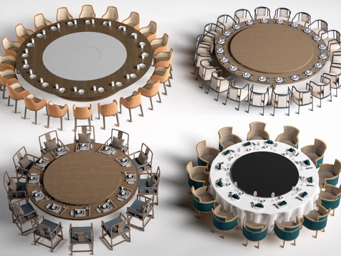  现代圆形餐桌椅 包厢桌椅 包间餐桌su模型 