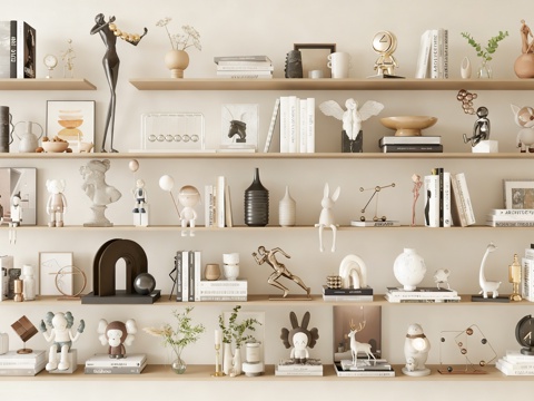  奶油风摆件组合 现代装饰品摆件 艺术摆件 书籍3d模型 