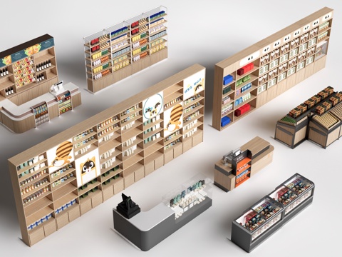  现代超市货架 零食店货架 置物架 文创展架su模型 