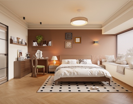  中古风卧室 主灯卧室 主卧室 实木双人床 床头柜 实木梳妆台3d模型 