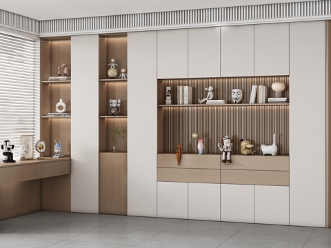  现代书柜书桌组合 储物柜 背景柜 书籍摆件组合 装饰柜3d模型 