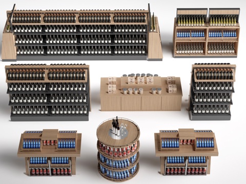  现代超市货架 超市酒架 置物架 展示架su模型 