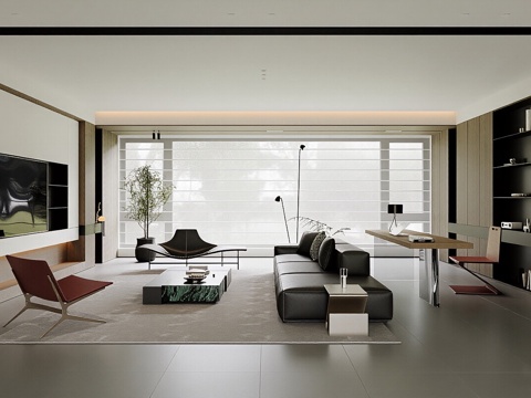  现代意式家居客厅 沙发组合 单人椅 休闲椅 花瓶 摆件3d模型 